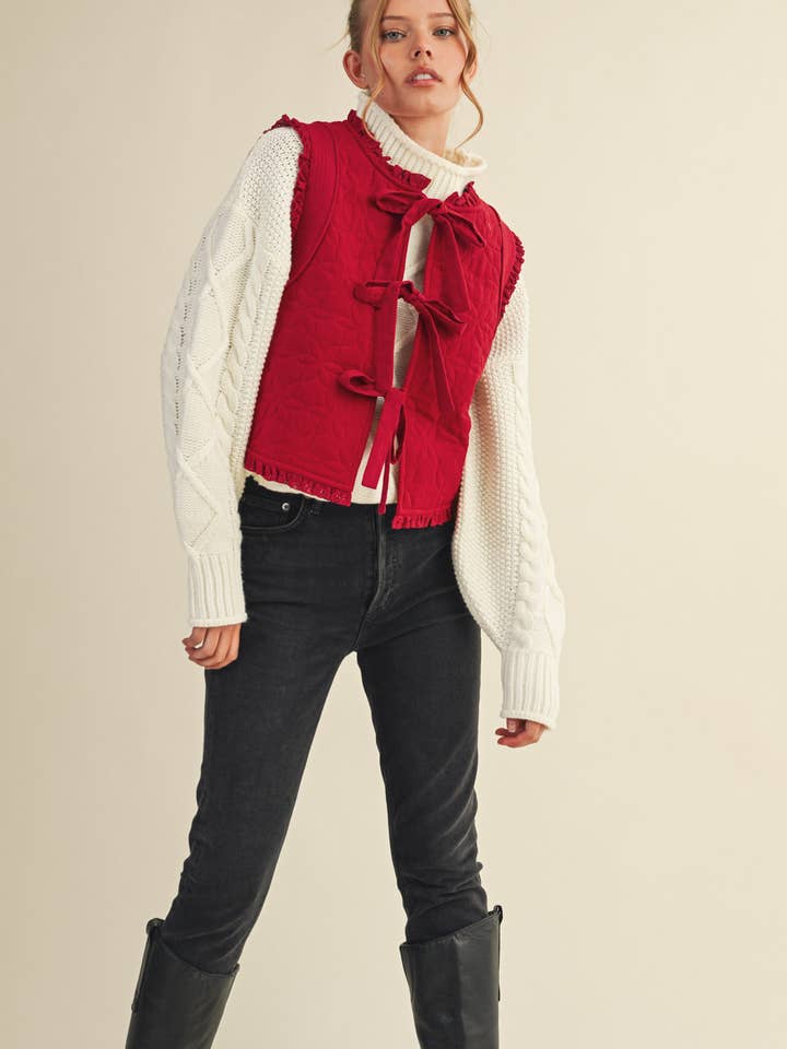 &MERCI - Wholesale Outerwear Vest - Women's - FLORAL QUILTED LACE TRIM BOW TYING VEST MJK411324