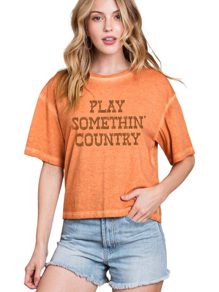 Play Somethin' Country Graphic S/S Lunar Dye Faux Crop for wholesale by Foryeri