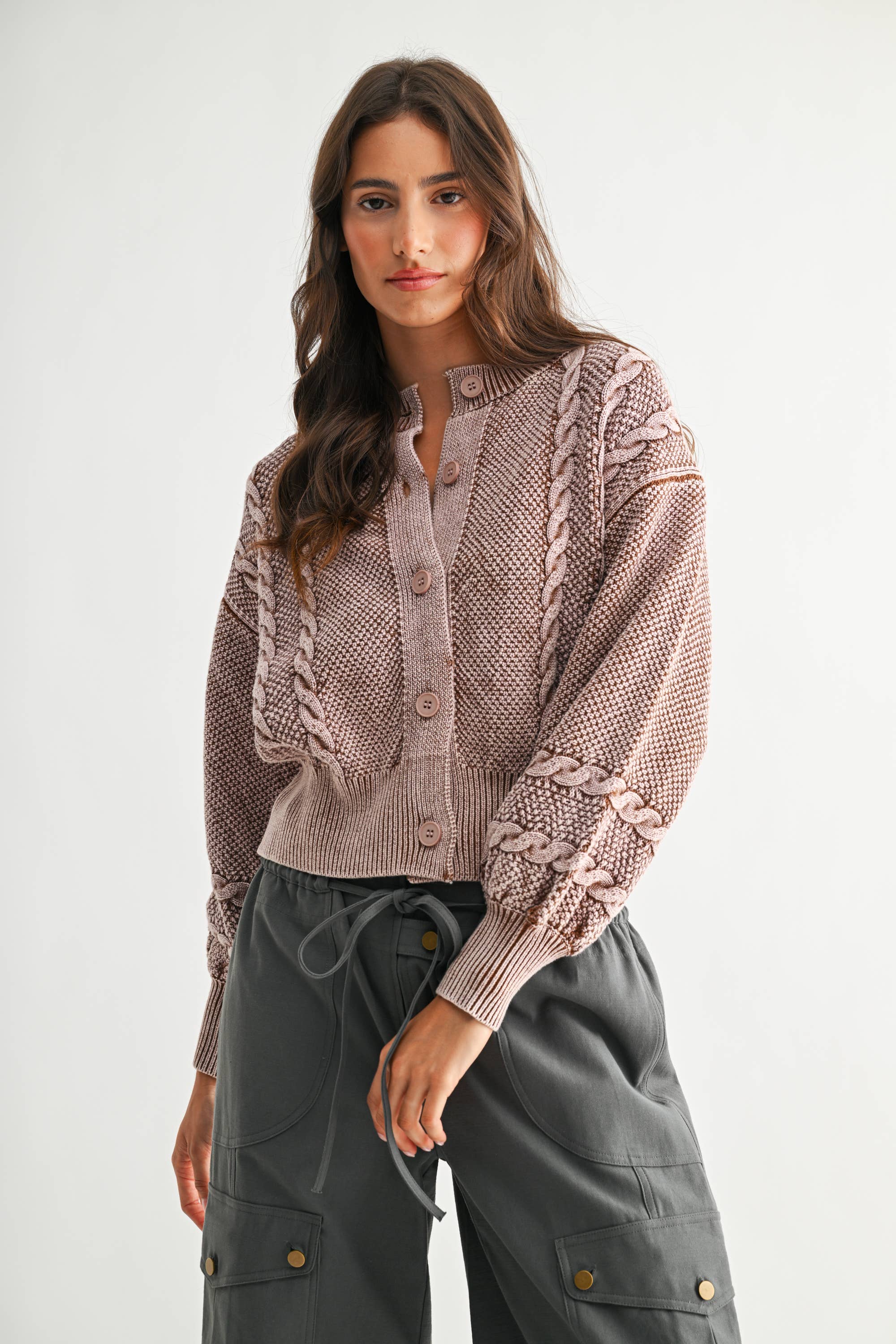 Camellia - Wholesale Cardigan - Women's - CW10019E WASHED BLENDED BROWN CABLE KNIT CARDIGAN38