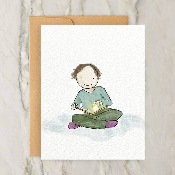 Child Reading a Magical Book on a Cloud 4x5" Greeting Card for wholesale by Hudson Illustration Co - About Town Co
