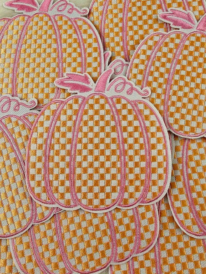 Checkered Orange and Pink Pumpkin Embroidery Iron On Patch for wholesale by Scratch Decor