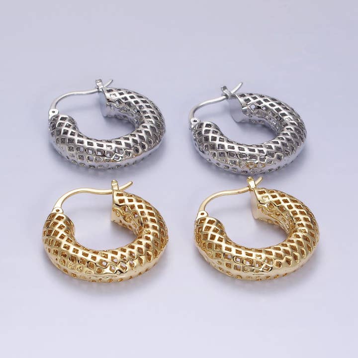 14K Gold Filled 30mm Rhombus Filigree Chubby Hoop Earrings for wholesale by Aim Eternal