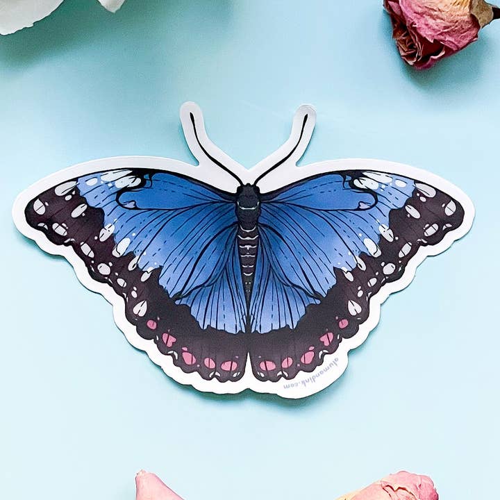 Blue Morpho Butterfly Clear Vinyl Sticker for wholesale by Alum and Ink
