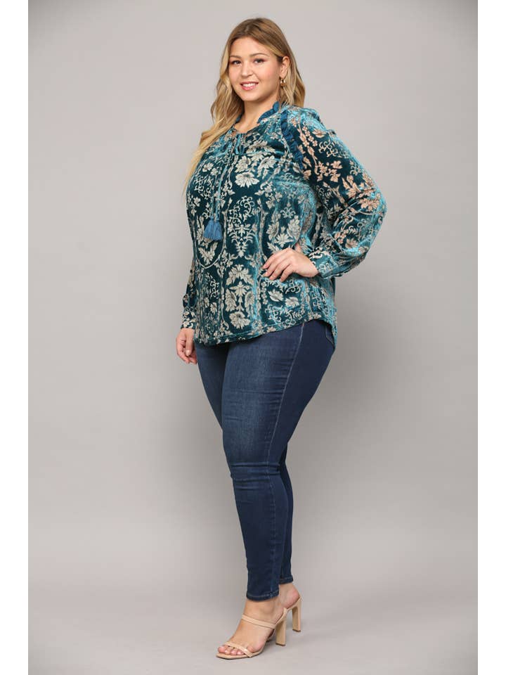 TEAL RUFFLE TRIMMED BURNOUT VELVET TASSEL TIE BLOUSE FT22044P for wholesale on Faire6