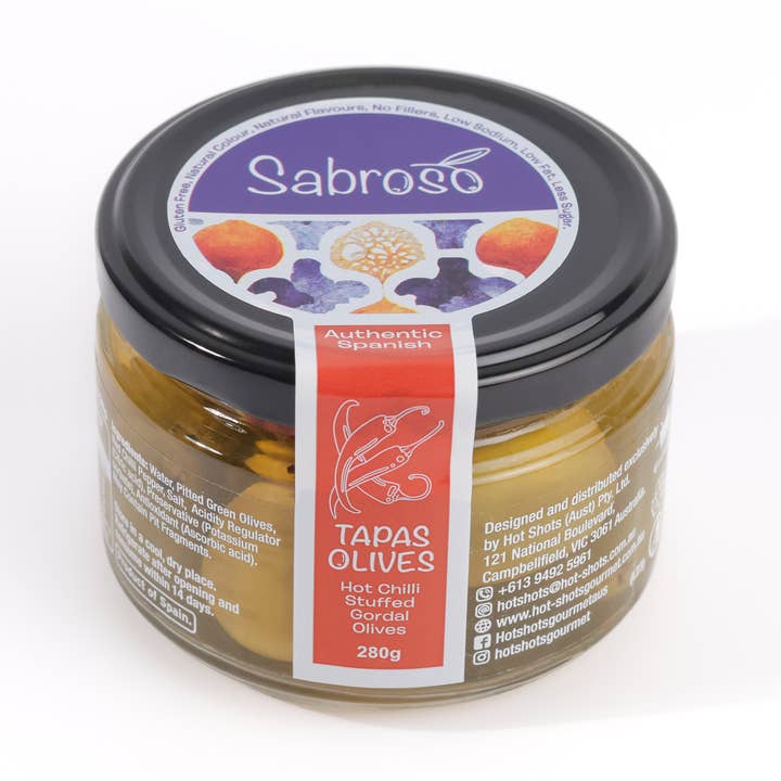 Sabroso Hot Chilli Stuffed Gordal Olives for wholesale by Grill Society