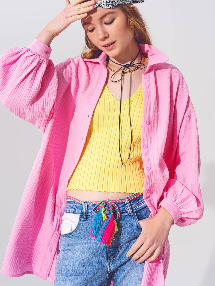 Textured Loose Fit Shirt in Pink for wholesale by Q2—All Orders:Free Duties for the US,UK,and Canada