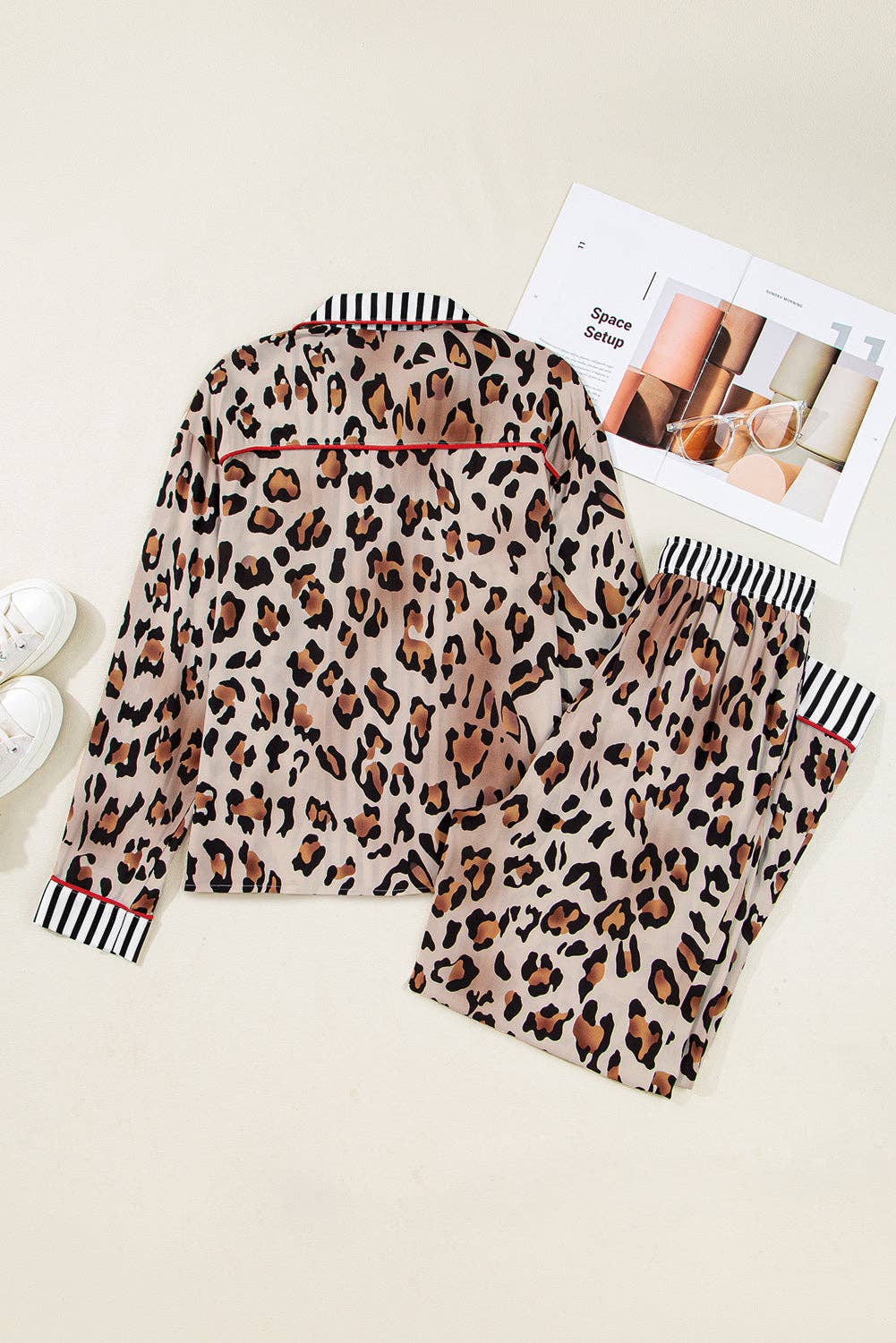 Khaki Leopard Colorblock Stripe Edge Shirt and Pants Pajama Set for wholesale on Faire6