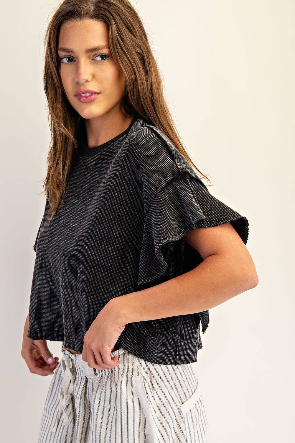 Peace Love Line – wholesale Knit top – Women's – PL8297 - WAFFLE KNIT TIERED FLUTTER SLEEVE CROP TOP1