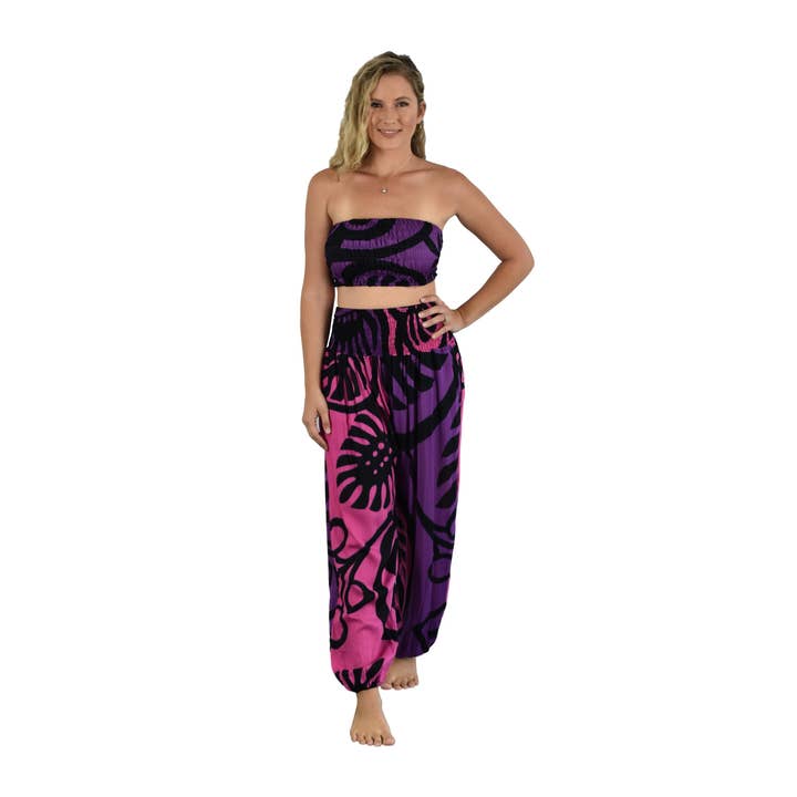 Pant Set Pink Monstera with Bandeau and Scrunchie OS for wholesale by Island Style Clothing Co by Akamai Distribution Ltd