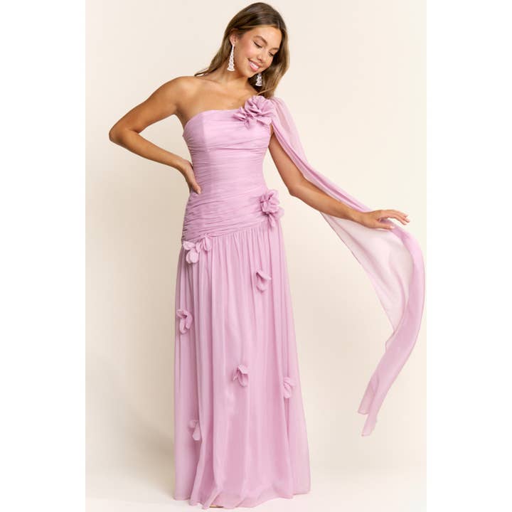 ONE SHOULDER FLORAL DETAIL CHIFFON MAXI DRESS for wholesale by Maniju