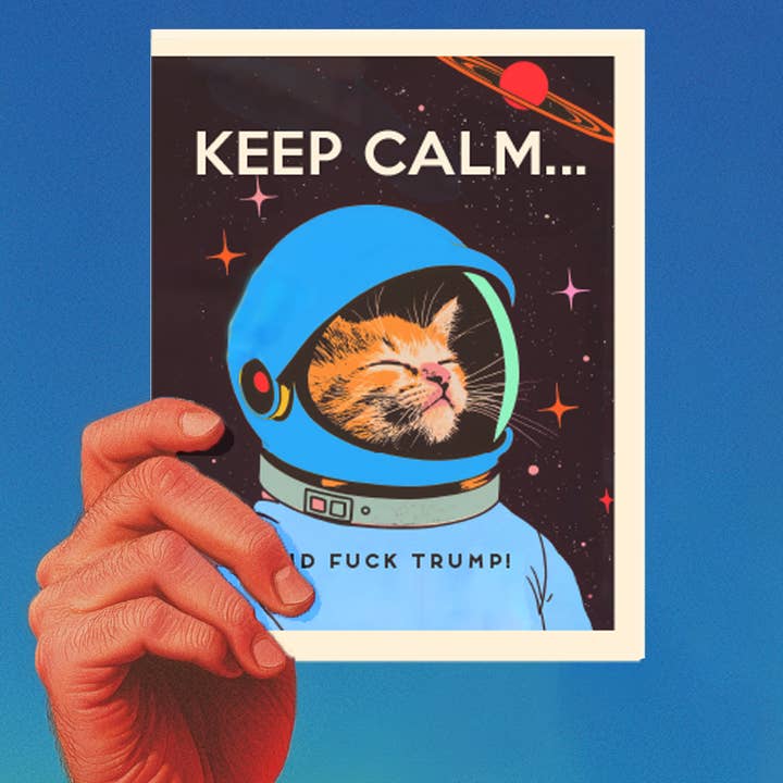 MANTIENI LA CALMA GATTO SPAZIALE biglietto di auguri politico per la vendita all'ingrosso da parte di offensivedelightful
