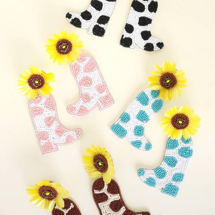 SP Sophia Collection - Wholesale Dangle Earrings - Beaded Sunflower Cow Print Cowboy Boot Dangle Earrings