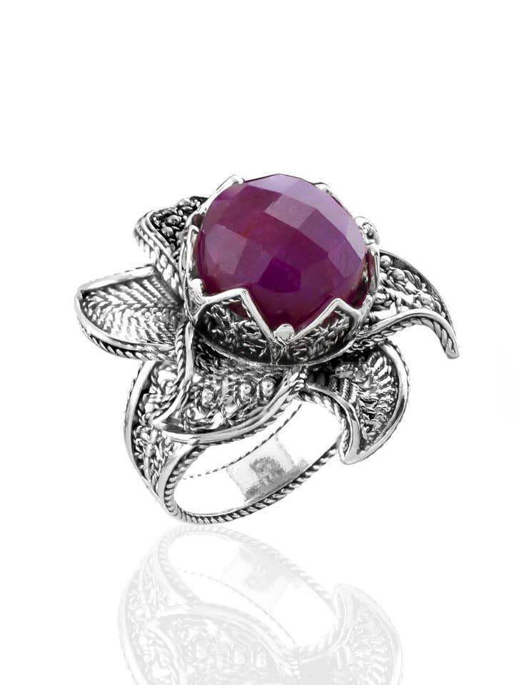 Art Lotus Flower Ruby Corundum Gemstone Women Silver Ring for wholesale by Filigranist Jewelry