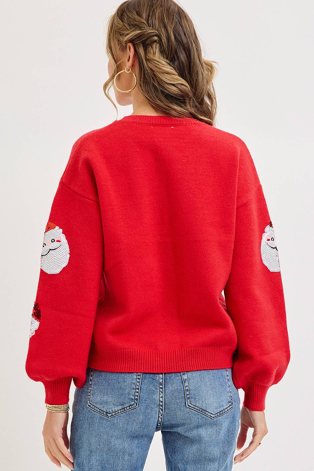 Red FESTIVE CHRISTMAS HOLIDAY SANTA SEQUIN SWEATER for wholesale on Faire3