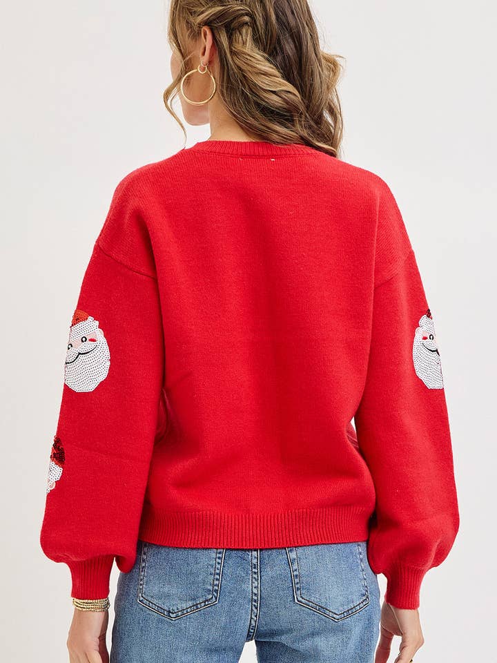 Red FESTIVE CHRISTMAS HOLIDAY SANTA SEQUIN SWEATER for wholesale on Faire3
