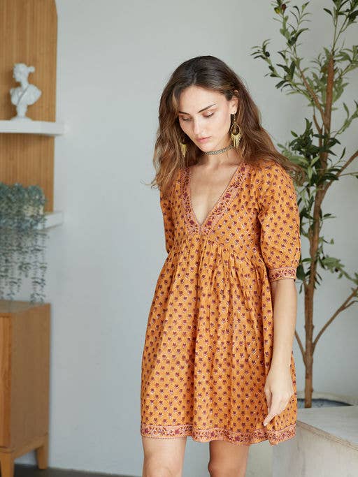 The Fox and The Mermaid - Wholesale Dress - Women's - Block Printed Cotton Mini-Dress (Maile Dress- Cayenne)