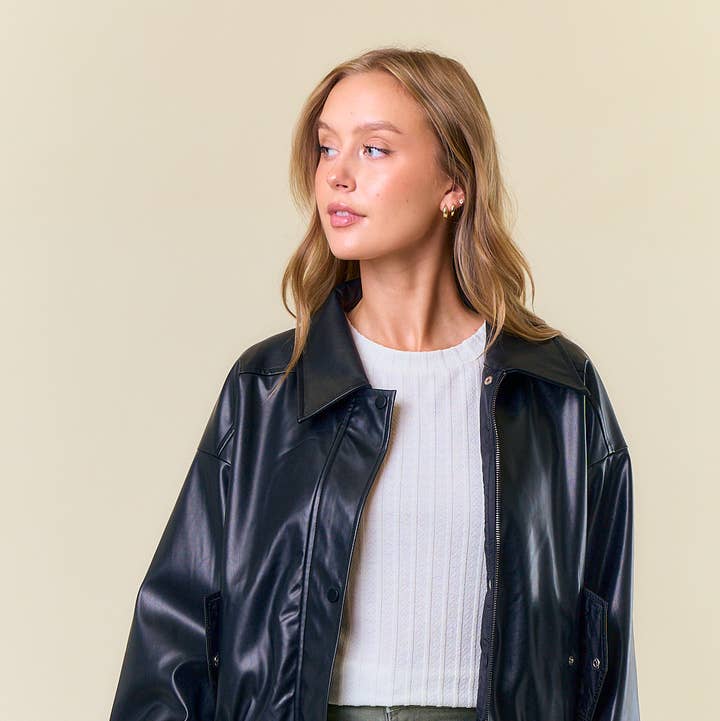 Doe and Rae - Wholesale Bomber Jacket - Women's - OVERSIZED VEGAN LEATHER BOMBER JACKET - 10622J2