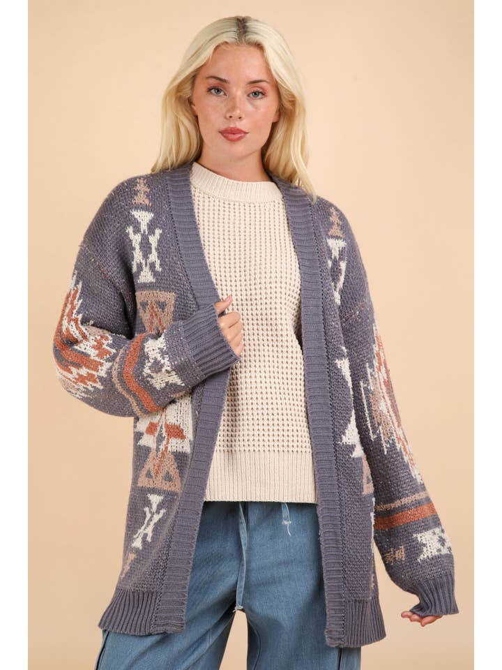 VERY J - Wholesale Cardigan - Women's - 12W3228N-Aztec Printed Oversized Knit Sweater Cardigan