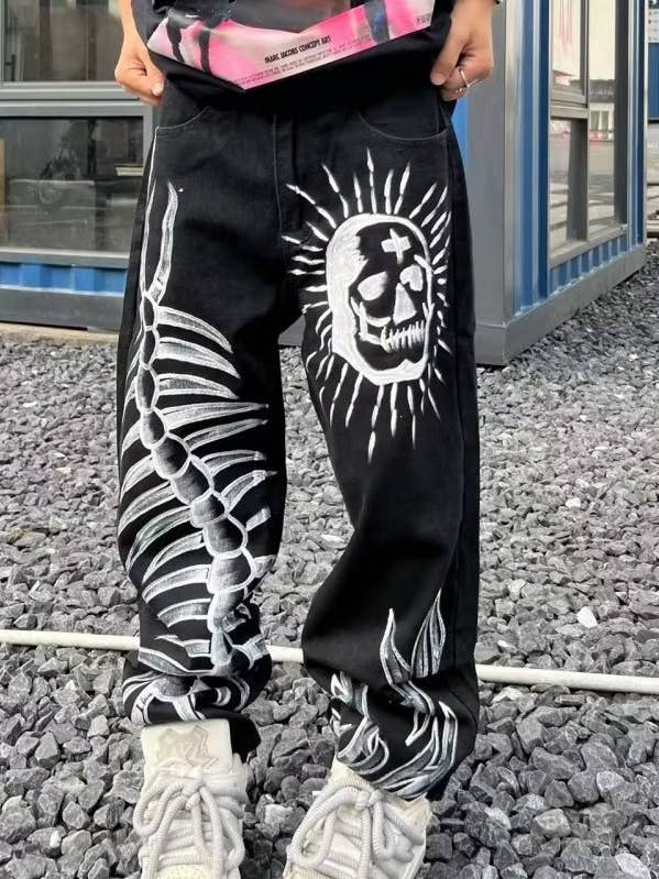 Black Hip-hop skull jeans men's straight trousers for wholesale on Faire7