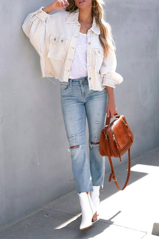 UNISHE - Venta al por mayor Sobrecamisa - Mujer - Chaqueta corta con botones de punto gofre liso ZK7229