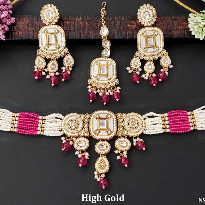 Gulnar Kundan Pearl Bridal Necklace Set – Magenta Delight for wholesale by Vinnis Jewelry