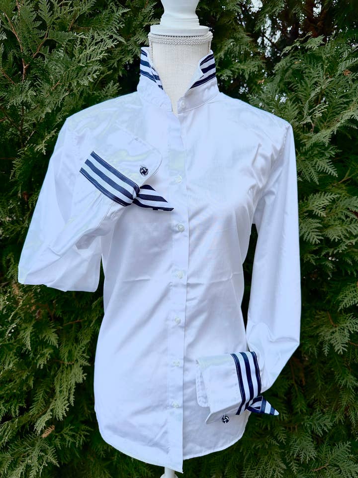 Audrey Ribbon FC - White w Navy White Stripe Ribbon for wholesale by Pearly Vine
