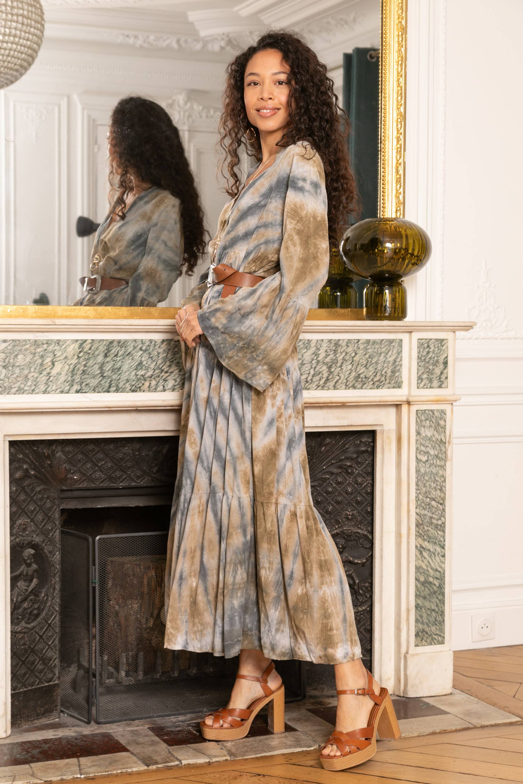 Grey Washed style tie and dye dress, V neckline, flared cut. for wholesale on Faire3