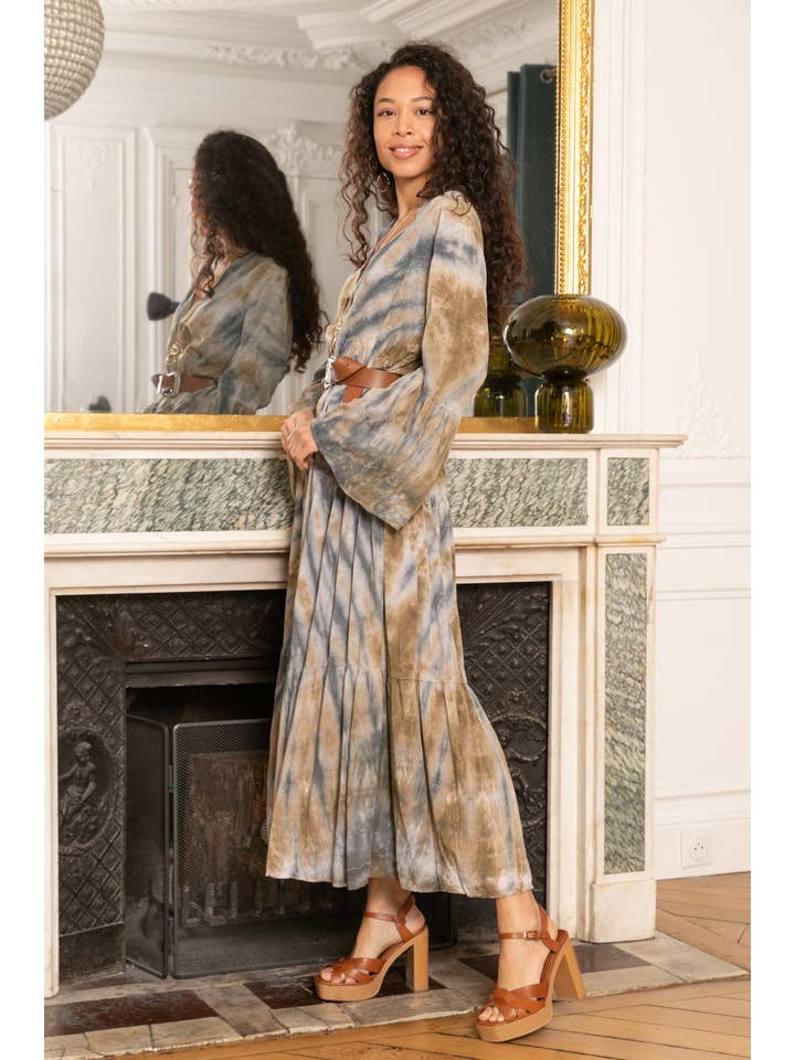 Grey Washed style tie and dye dress, V neckline, flared cut. for wholesale on Faire3