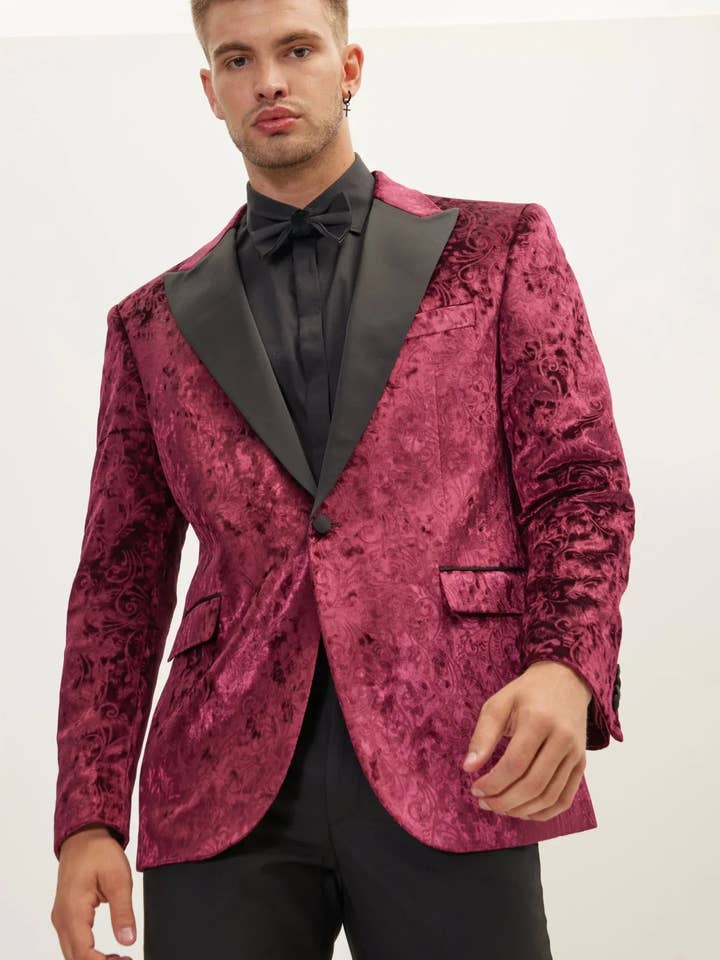 Spiral Floral Velvet Middagsjacka för män - Vin för wholesale av Ron Tomson