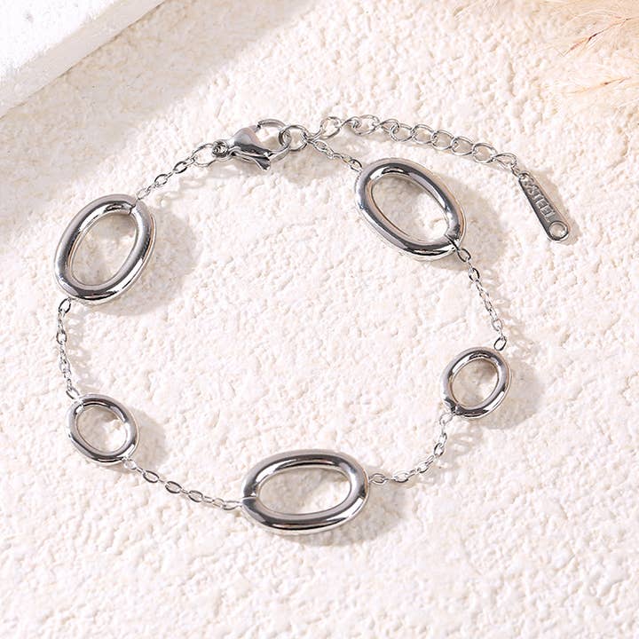 Pulsera de cadena plateada con 5 anillos ovalados para venta al por mayor de joya