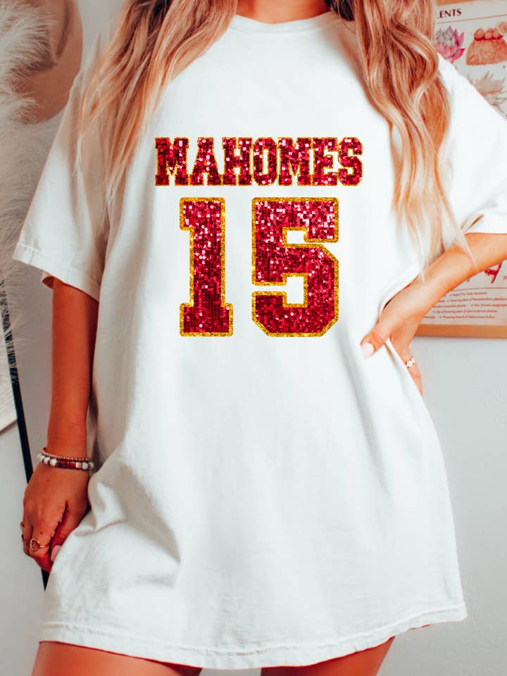 Gia Gifts Boutique - Wholesale Screen Printed T-Shirt - Women's - Faux Sequins Patrick Mahomes Chiefs Graphic Tee Kansas City0