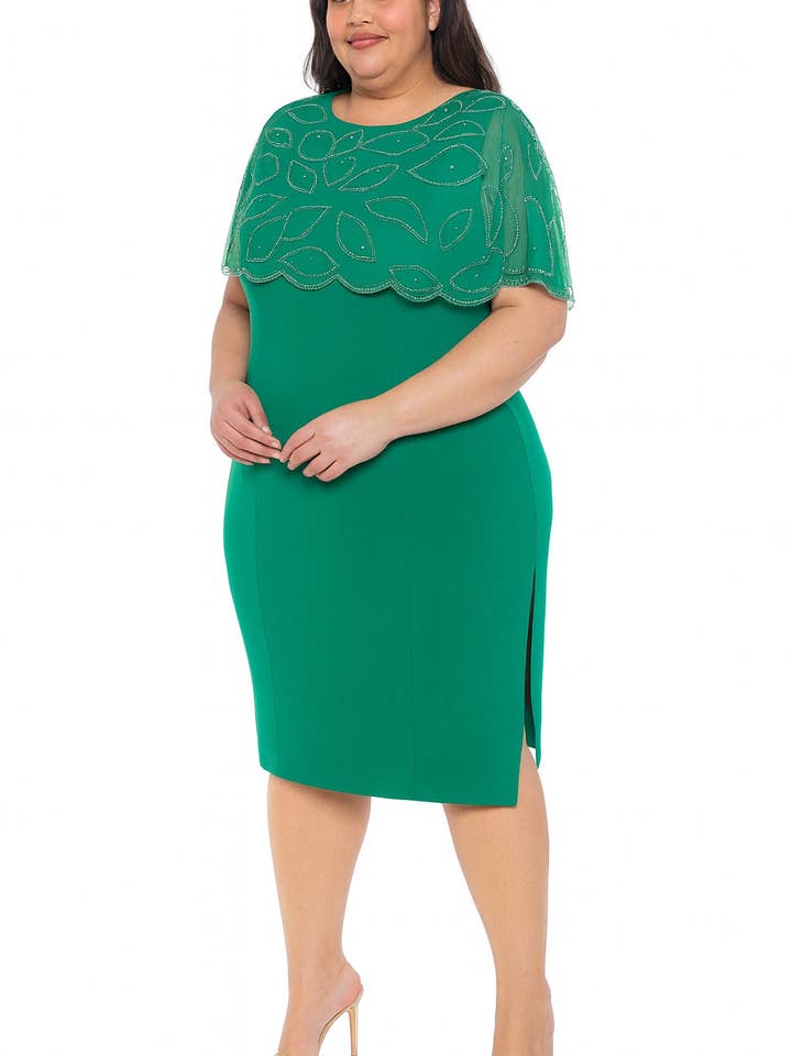 Marina Kelly Groene Boot Halslijn Kraal Versierde Transparante Overlay Capelet Sheath Midi Jurk (Plus Size) voor wholesale door Immediate Apparel