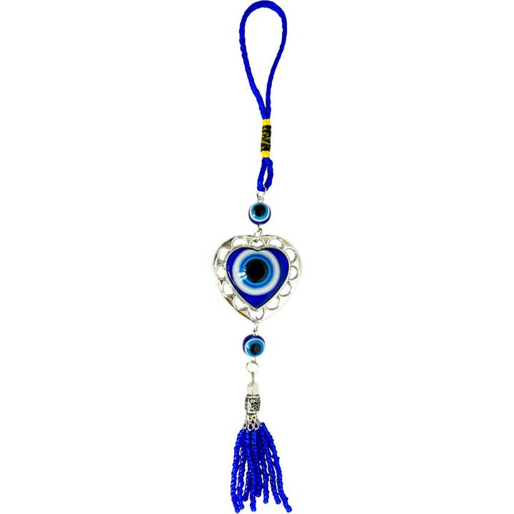 Evil Eye Talisman aus Glas — Puffherz mit perlenbesetzter Quaste für den Großhandel von Kheops International