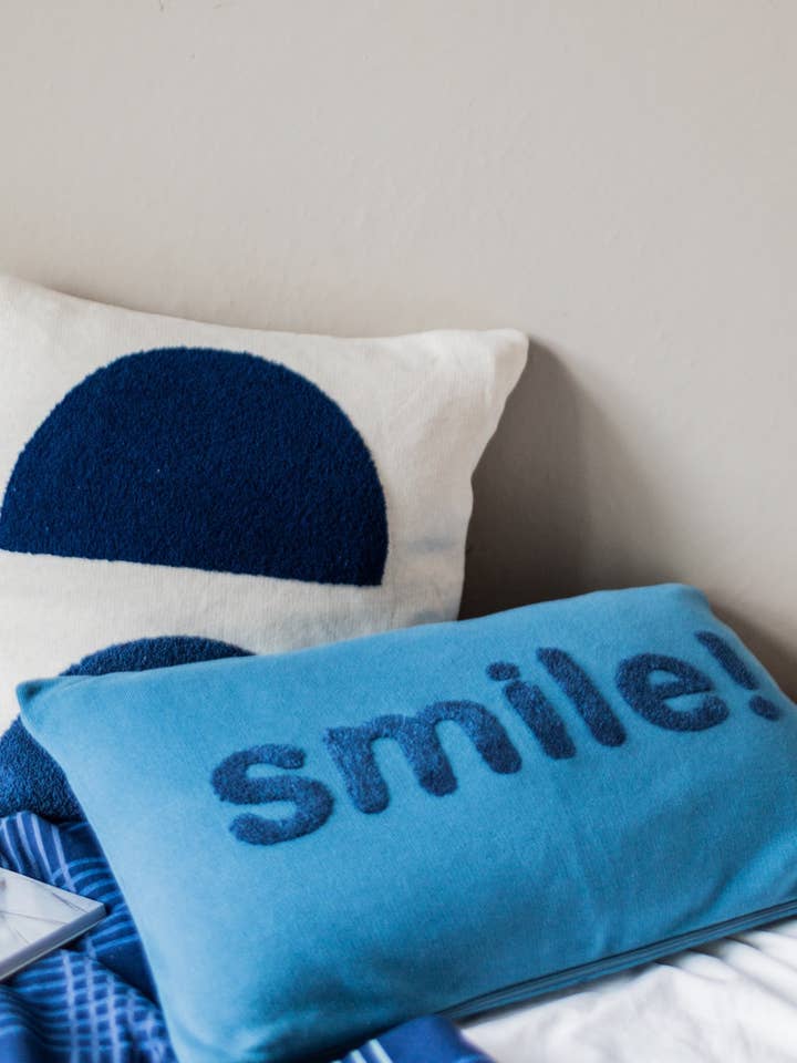 Smile Pillow Blue, Punch Needle Embroidery for wholesale by Funky Doris