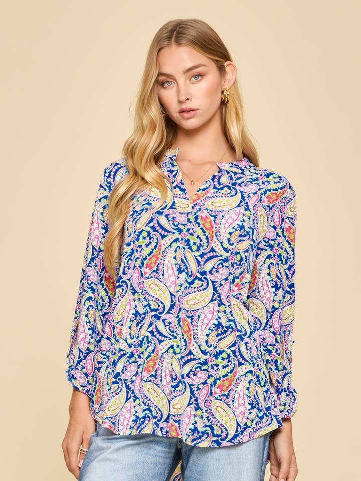 Paisley Print Mandarin Collar 3/4 Sleeve Blouse for wholesale by Dear Scarlett