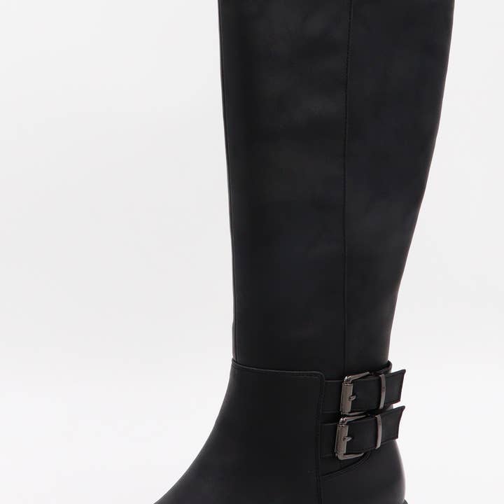 Bottes de cavalier à talon bloc avec sangle à boucle et décoration pour femmes Bamboo TROOPER-02 hauteur genou - Pack de 12 paires - 28,45/paire pour la vente par Mars Sky Shoes Wholesale