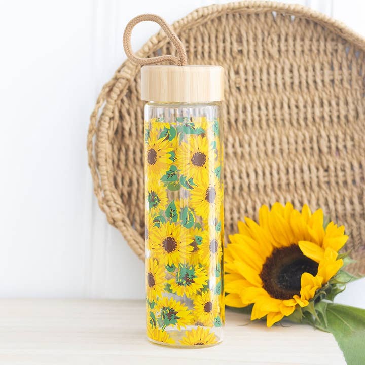 WONDER IMPORTS AUSTRALIA - Wholesale Water bottle - Sunflower Print Glass Water Bottle With Bamboo Lid