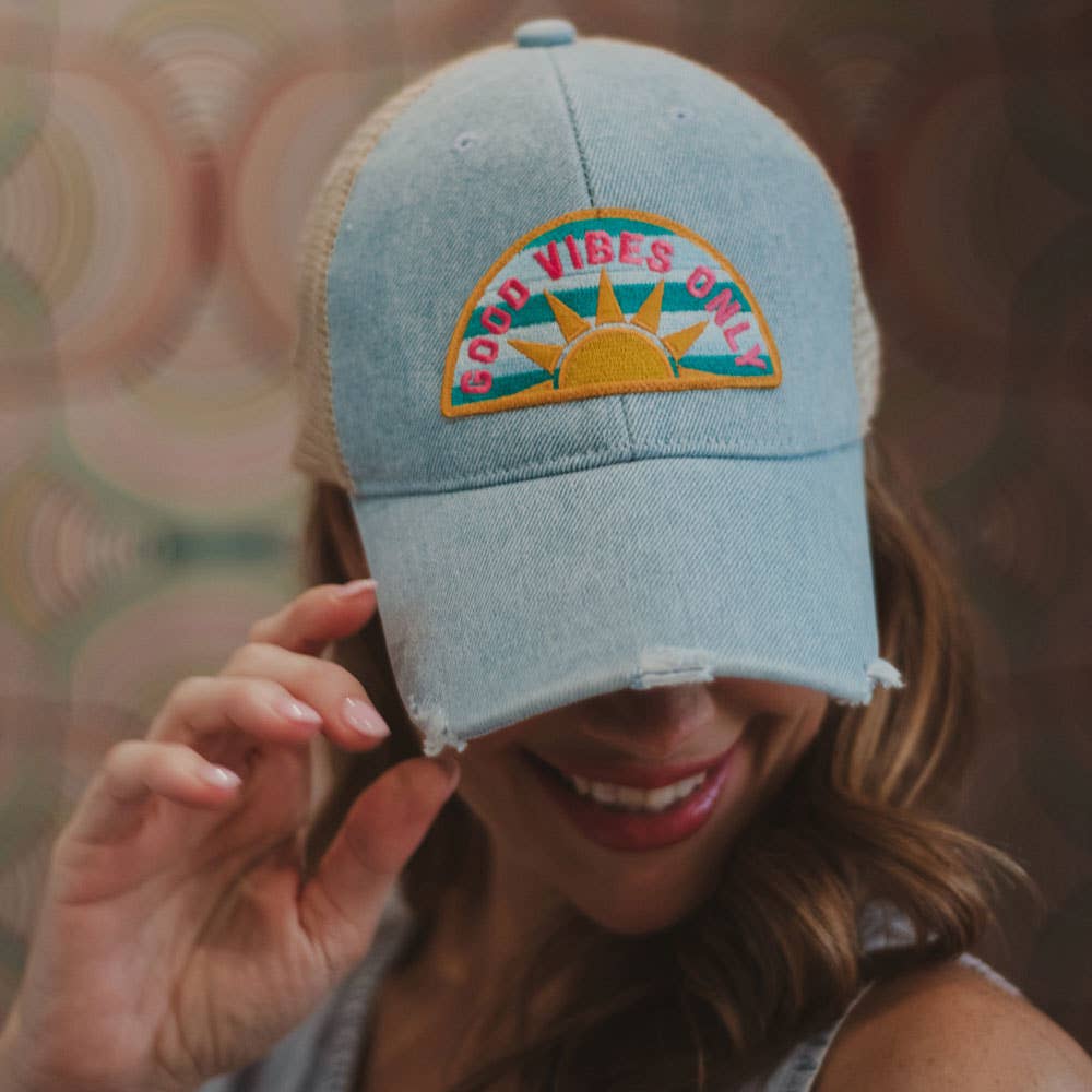 Good Vibes Only Denim Patch Hat for wholesale on Faire1
