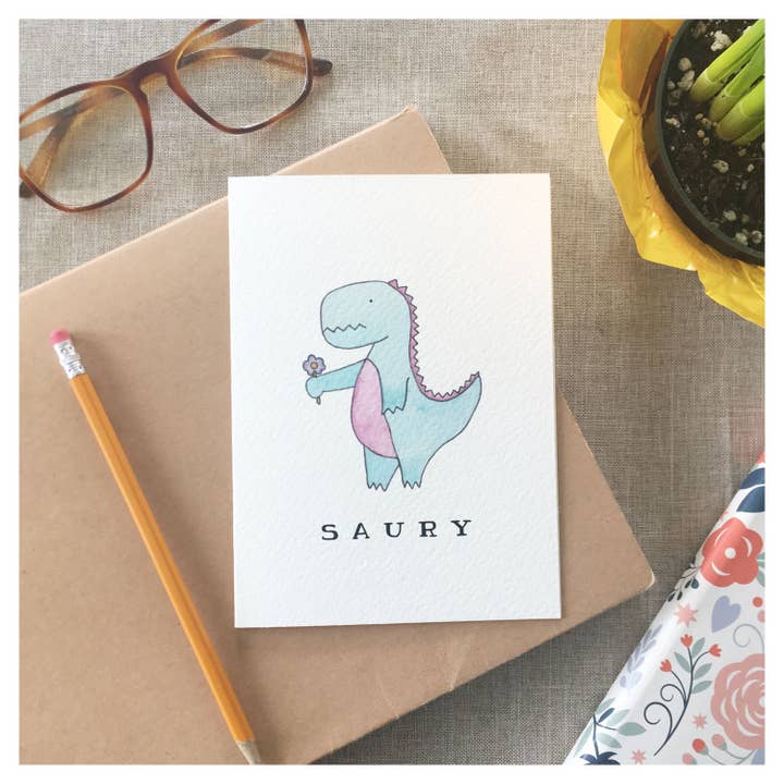 Simpatía – Tarjeta de disculpa "Saury" con arte de dinosaurio lindo para venta al por mayor de kenziecards