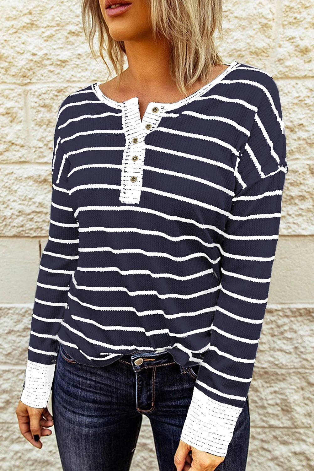 Lovesoft – wholesale Knit top – Women's – Striped Color Block Buttoned Waffle Knit Shirt10