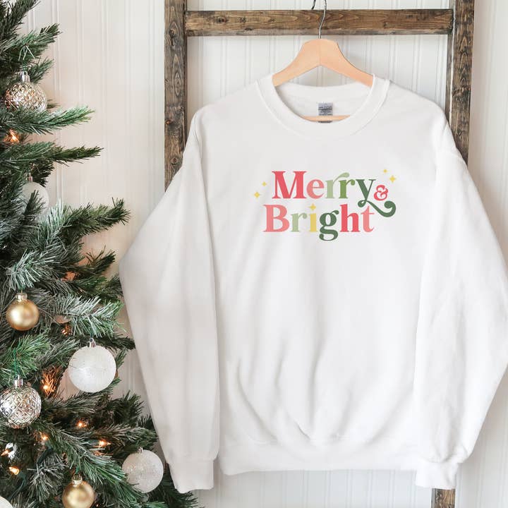 Holiday Merry & Bright Simple Retro Font Christmas Crewneck for wholesale by ZA Handmade Wholesale