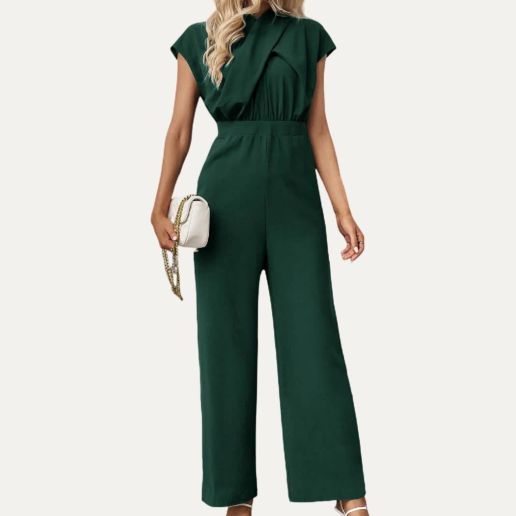 Shero Dark Green Solid Cross-Front Cap Sleeve Jumpsuit for wholesale on Faire6