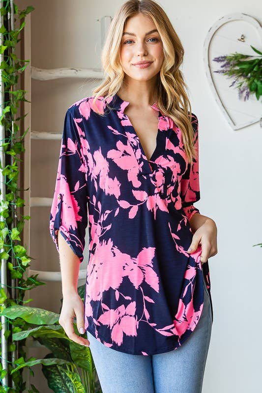 HEIMISH – wholesale Tunic – Women’s – ST1002-67 3/4 BUTTON SLEEVE MANDARIN COLLAR  NECK FLORAL TOP14