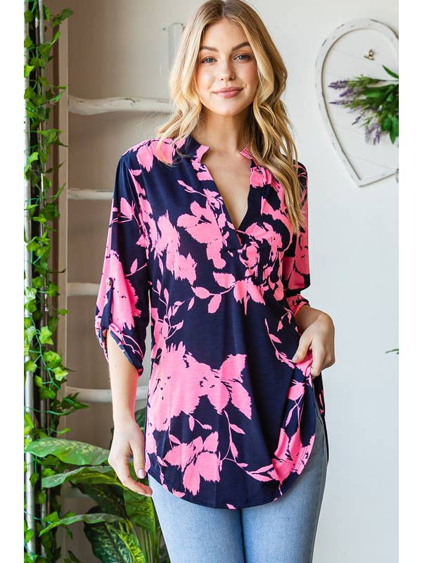 HEIMISH – wholesale Tunic – Women’s – ST1002-67 3/4 BUTTON SLEEVE MANDARIN COLLAR NECK FLORAL TOP14