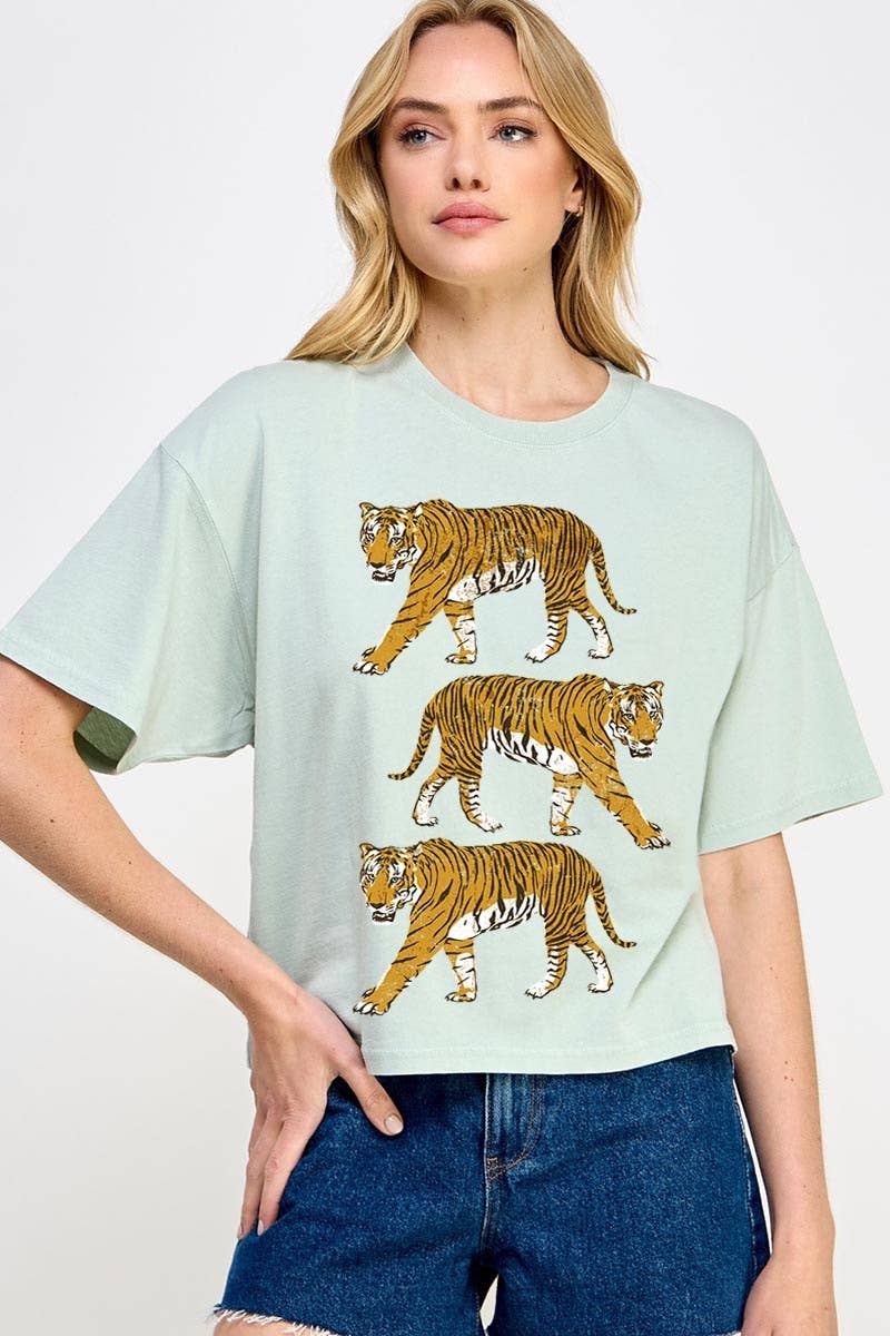 COLORBEAR - Venta al por mayor Camiseta estampada - Mujer - Top corto relajado gráfico de tigres retro3