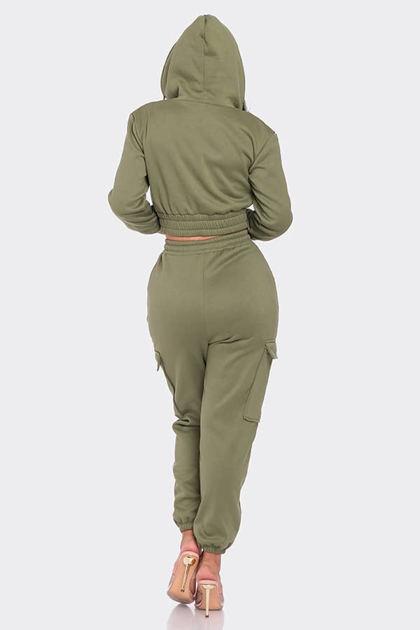 Lime All the Time – Engroshandel Top- og buksesæt (IKKE Loungewear) - Dame – 2 stk beskåret lynlås hættetrøje og Cargo Jogger Bukser Sæt20