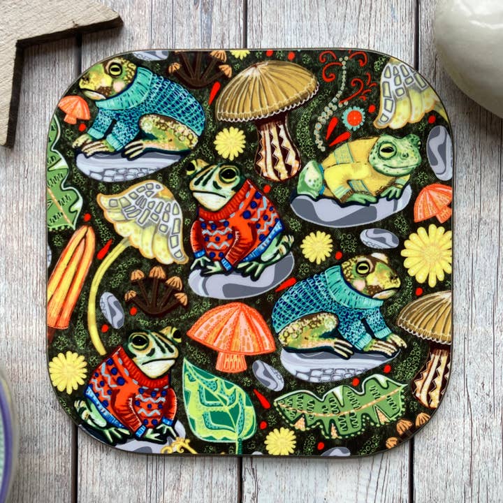 Toads In Jumpers Coaster, Toad Pattern, Frog Coaster. for wholesale by Slumbermonkey Designs