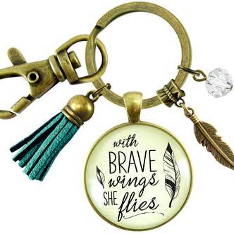 Bijoux courageux avec pompon bleu style Wings She Flies. ^ pour la vente par Gutsy Goodness
