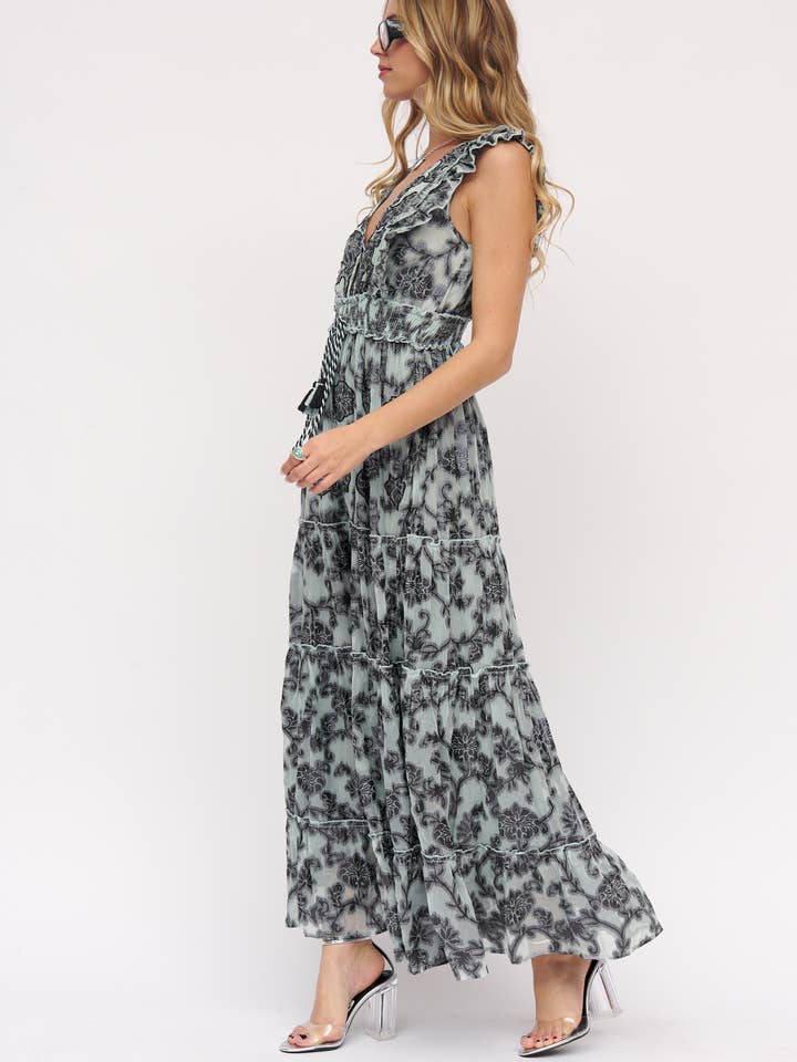 AQUA GREEN TURQUOISE PINK VISCOSE LUREX DRESS, WIDE SLEEVES, HAND EMBROIDERED for wholesale on Faire
