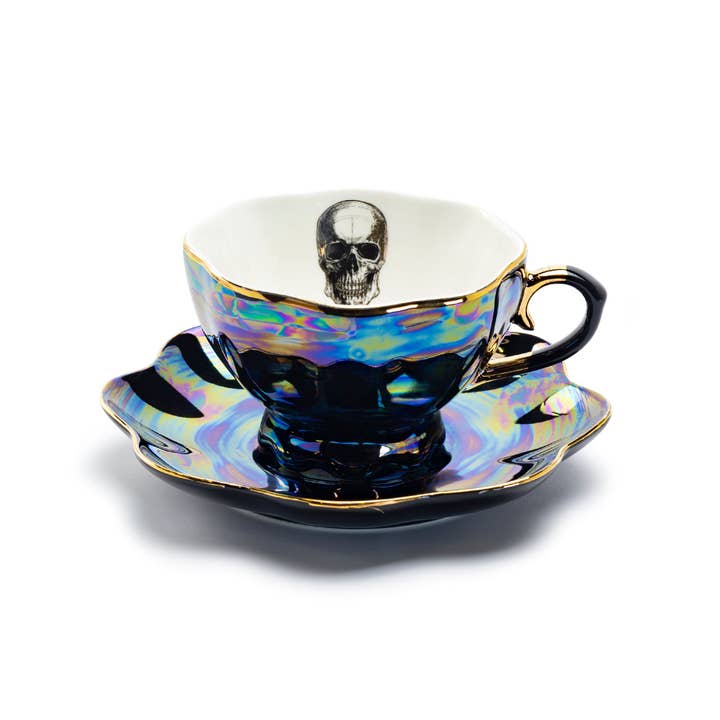 Grace Teaware - Wholesale Tea Set - Skull Black Gold Luster Tea Cup and Saucer